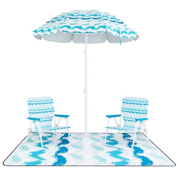 4-Piece Beach Set with 6.2ft Sun-Proof Umbrella, 2 Folding Chairs & 80"x80" Waterproof Blanket-Blue