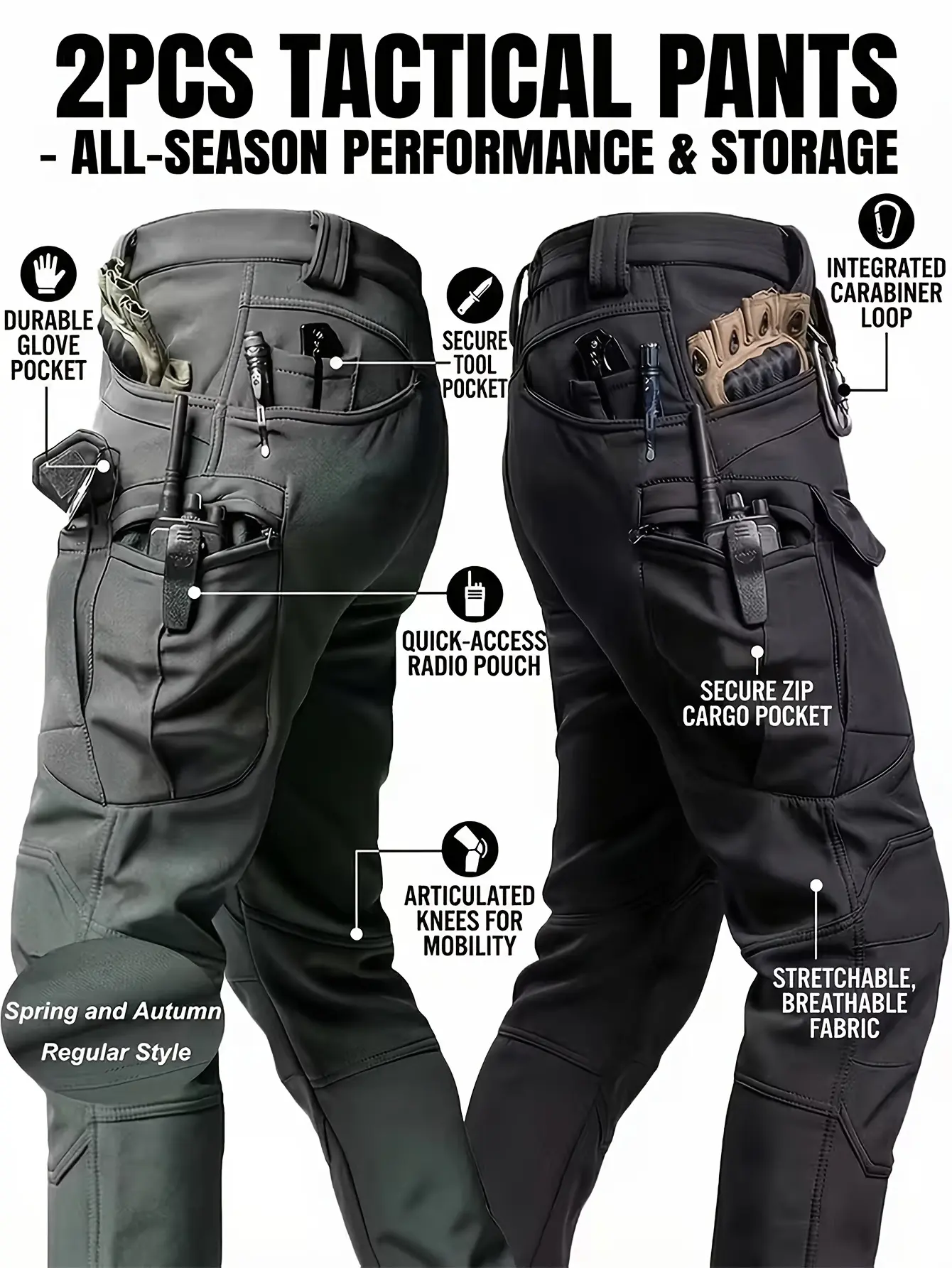 Men's 2-Pack Tactical Paratrooper Cargo Pants - Menswear Plain Workwear Style, Heavy Duty for Outdoor Hiking Climbing, Construction Work Trousers