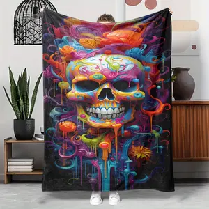 1pcs Colorful Skull Art-Themed Flannel Blanket, Digital Print, Sofa Bed Cover Blanket, Skin-Friendly Soft, Christmas New Year Gift, Suitable For All Year Round