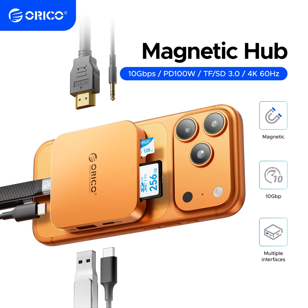 ORICO 10Gbps Magnetic M.2 Docking Station, 8-in-1 USB C HUB & M.2 2230 NVMe Enclosure with HDMI 4K@60Hz,SD/TF, USB-A&C 3.2, 100W PD, AUX, USBC Dock for iPhone 17/16/15 Pro/Pro Max
