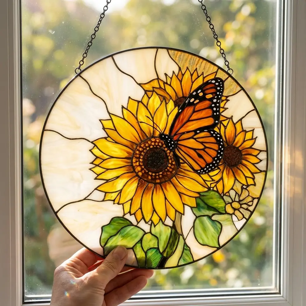 Acrylic 10 Inches Hanging Reflective Vibrant Sunflower & Butterfly Stained Glass Window Suncatcher - Home Supplies, Rustic Fall Window Panel, Cozy Bedroom Autumn Decor, Thanksgiving & Birthday Gift Ornament, Window Decor, Doors & Windows