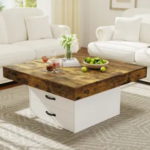Square Top Low Base Farmhouse Engineered Wood Coffee Table with Melamine Laminate, LED Lighting, Easy Setup, Large Size Cocktail Table for Living Room