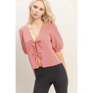 Women's Cute Fitted Gingham Print Polyester Spandex Blouse - Tie-Front Sleeved Shirts, 2 Color Options