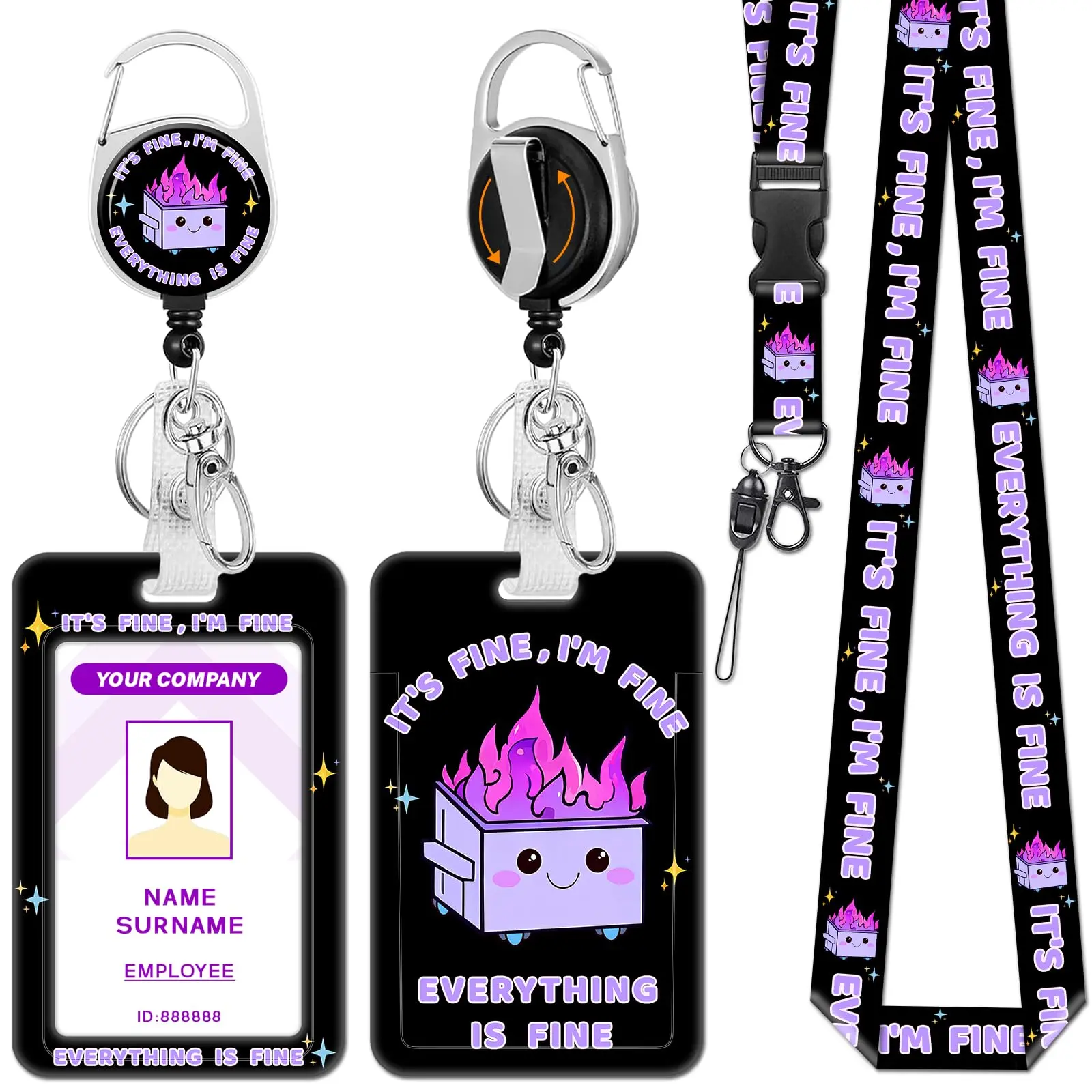Lanyards For Id Badges  Dumpster On Fire Badge Holder With Retractable Reel Clip Funny Work Name Tags Keychain Lanyard Card Protector Cover Case Women Teacher Nurse Office Gifts