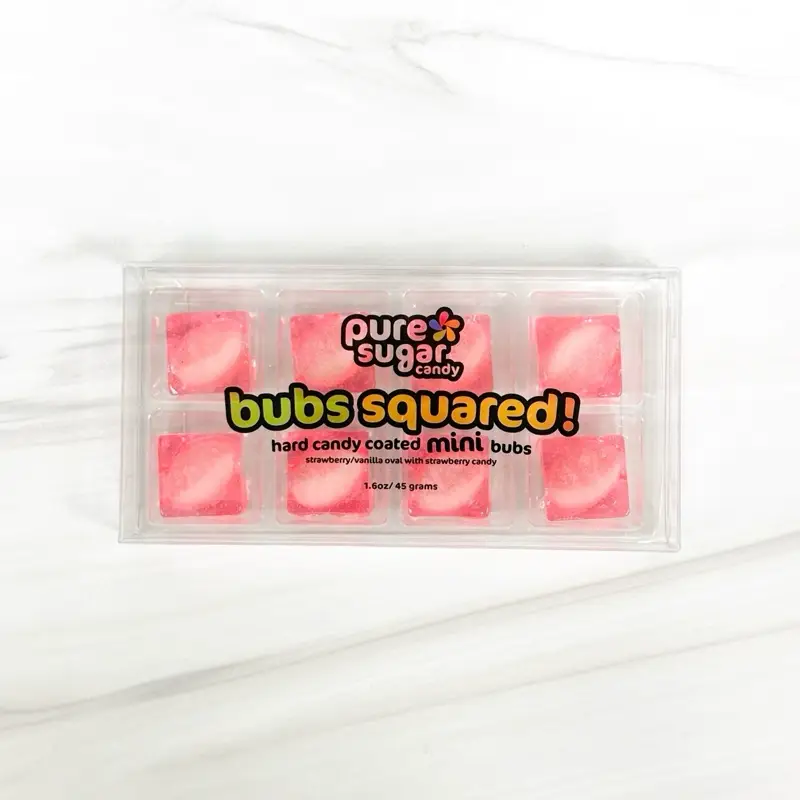 BUBS SQUARED! Hard candy coated MINI BUBS - 8-pack of mini bubs inside a hard candy square - Five delicious flavor combinations