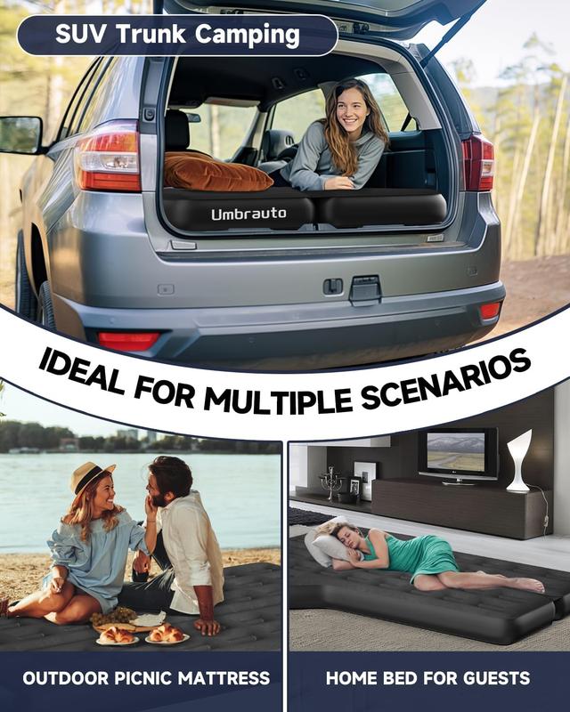 Umbrauto Heavy-Duty SUV Air Mattress w/Quick-Inflate Car Pump| Durable 2-Chamber Inflatable Van Sleeping Bed for Camping & Travel, Leakproof PVC, Flocked Top