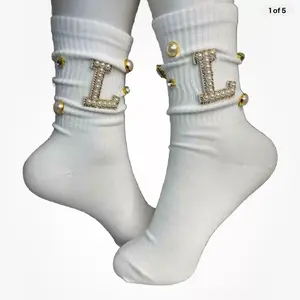 Pearl L Initial Rhinestone Socks