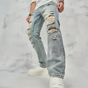 Streetwear Men Vintage Loose Ripped Straight Jeans Trousers Stylish HipHop Distressed Holes Casual Male Denim Pants