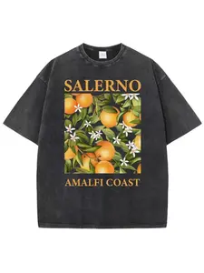 Washed T-shirtFresh Orange Design Men's Washed Short Sleeve T-shirt Summer Casual Hip Hop Top Loose Short Sleeve Printed T-shirt Six Sizes Available Suitable for AllSuitable for Both Men and Women, Fashionable Base Shirt, Christmas Gift