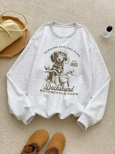 Women's Dog & Letter Print Drop Shoulder Fleece Sweatshirt, Casual Long Sleeve Round Neck Pullover for Fall & Winter, Ladies Clothes for Daily Wear, Casual Pullover Tops
