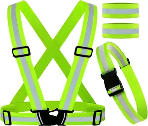 4 count Reflective Vest Set Safety Clothing High Visibility Adjustable Elastic Outdoor Reflective Glow Belt and Vest with 2Pack Reflector Armbands Running Cycling Walking Jogging
