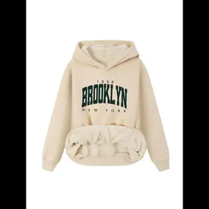 Women's Thermal Lined Letter & Number Print Long Sleeve Plush Hoodie, Casual Graphic Pullover Hooded Sweatshirt for Fall & Winter, Fashion Ladies' Top for Daily Wear