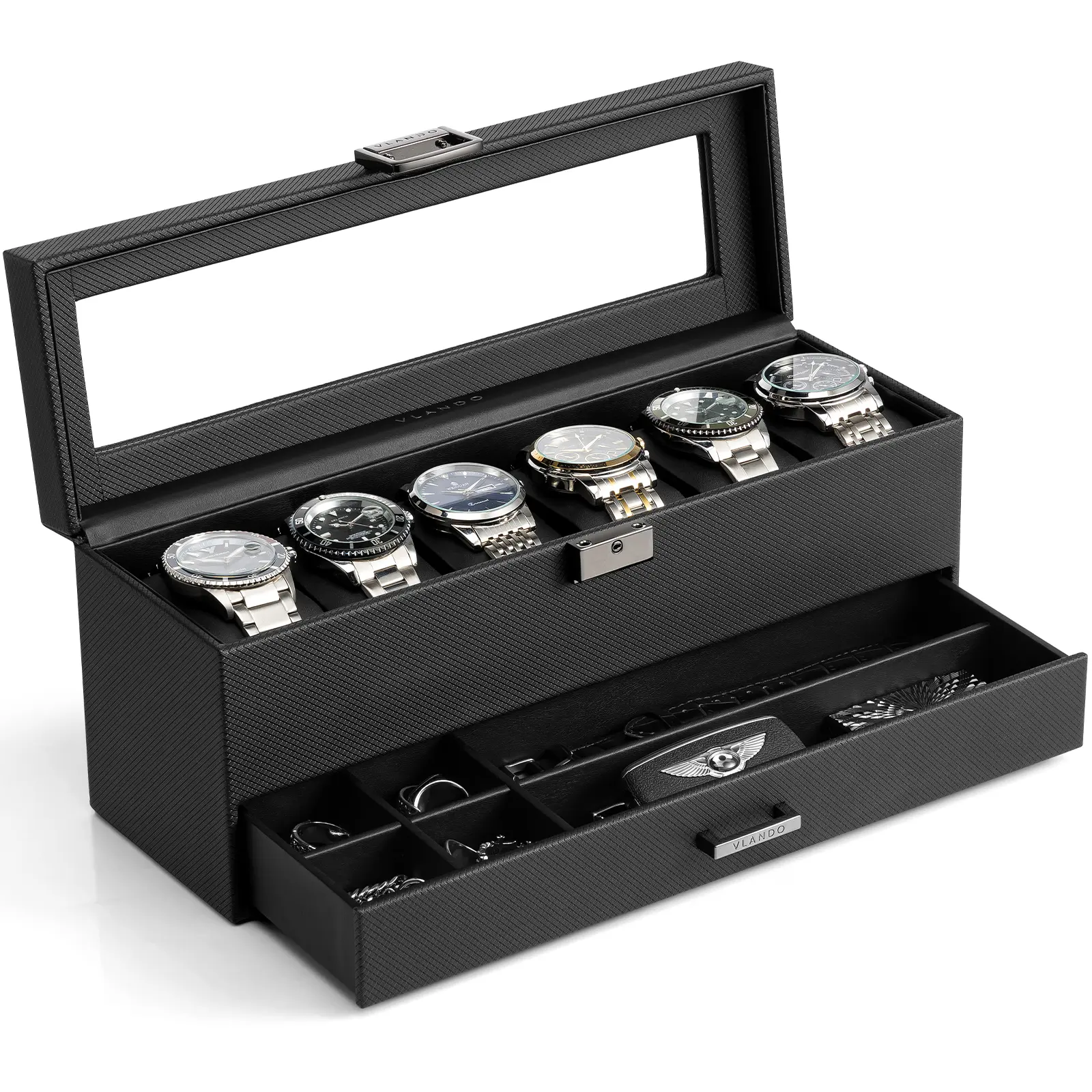 VLANDO Watch Box for Men, 6-Slot 2-Layer Lockable Watch Case with Glass Lid, Large Watch Organizer with Drawer, Gift for Dad Husband summerwins,dorm essentials,home decor