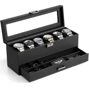 VLANDO Watch Box for Men, 6-Slot 2-Layer Lockable Watch Case with Glass Lid, Large Watch Organizer with Drawer, Gift for Dad Husband