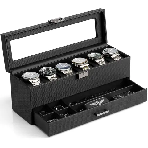 VLANDO Men's Lockable Watch Box - 2-Layer, 6-Slot Wristwatch Storage Organizer with Glass Lid, Drawer & Compartments, Watch Accessories, Unique Gifts for Man (Birthday Gifts for Him)