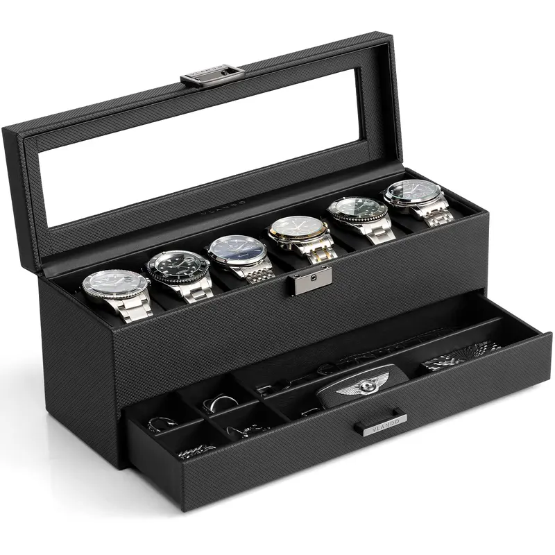 VLANDO Men's Lockable Watch Box - 2-Layer, 6-Slot Wristwatch Storage Organizer with Glass Lid, Drawer & Compartments, Watch Accessories, Unique Gifts for Man (Birthday Gifts for Him)