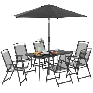 Outsunny 8 Piece Patio Dining Set with Table Umbrella, 6 Folding Chairs and Rectangle Dining Table, Outdoor Patio Furniture Set, Black