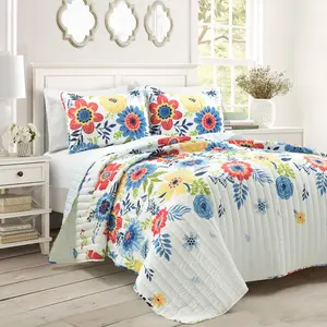 Lush Decor Cottage Core Ariana Flower Reversible Quilt 3 Piece Set - Floral & Striped Design, Full/Queen/King Sizes, OEKO-TEX Certified, 100% Polyester, Machine Washable