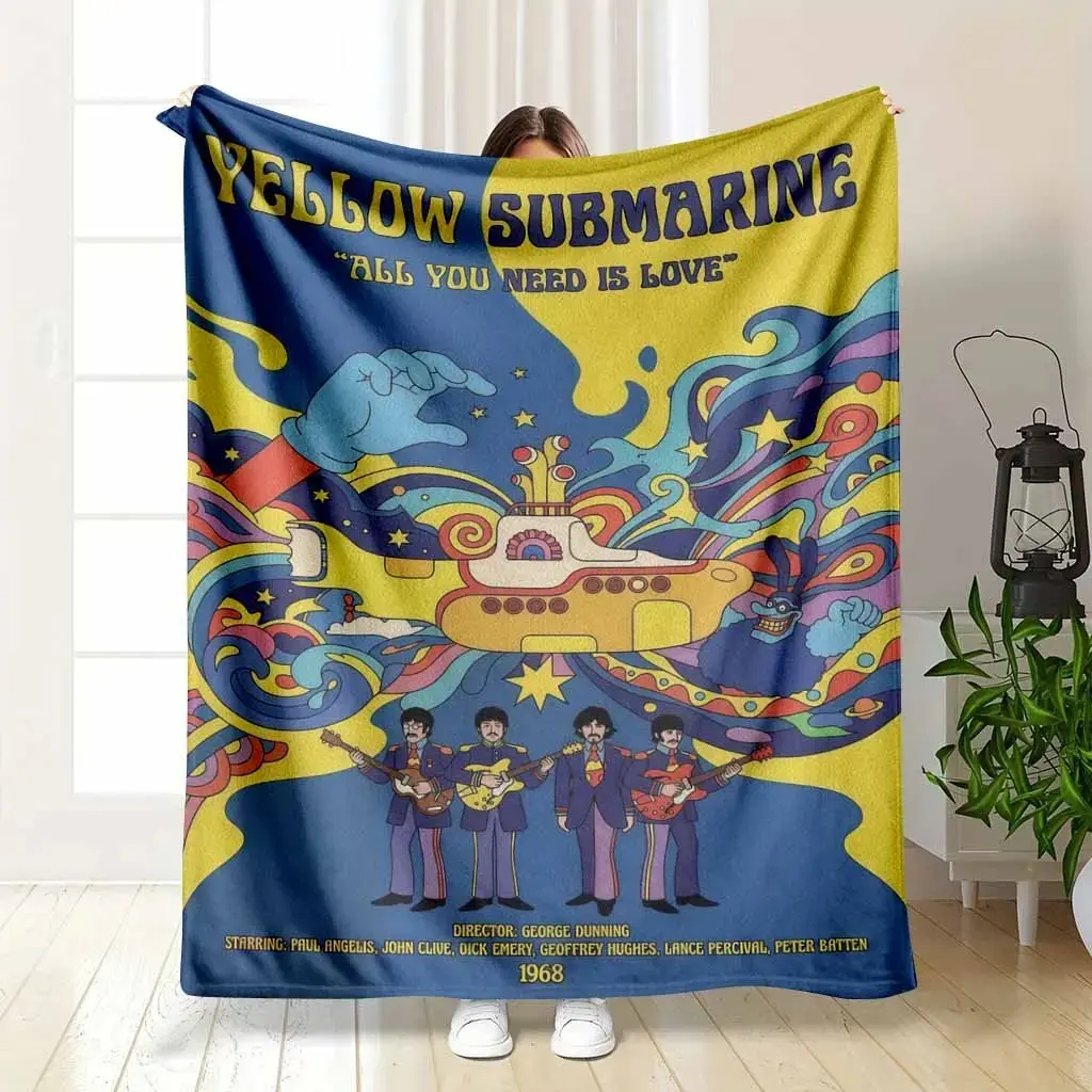Psychedelic Music Style Flannel Throw Blanket, Retro Yellow Submarine Art Inspired Plush Fleece Blanket, Soft Cozy Throw for Sofa Bed Couch, Music Room Decor Gift,warm, House Decor, Whimsical Home Decor
