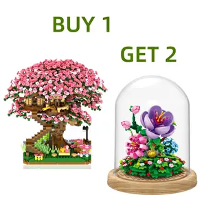 Buy 1 GET 2 Collection Violet Flower Bonsai Decoration, Micro Block Cherry Tree House 2 Sets of Building Block Sets Valentine's Day Girls Birthday Toy Model Gift