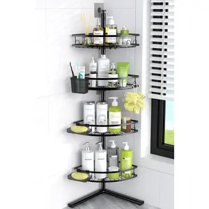 Corner Shower  Standing: 4-tier Rustproof Shower Organizer Shelf - Floor Shower Corner Shelf Rack Stand for Bathroom Black