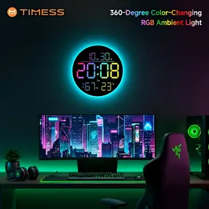 TIMESS 10-Inch Large Round Screen Digital Wall Clock, 360° Color-Changing RGB Ambient Light, 13 Colorful Screen Themes, Multifunctional Display, Dual Alarms, with Remote Control, Suitable for Classroom, Gaming Room, Gym, Living Room, Ideal Holiday Gift