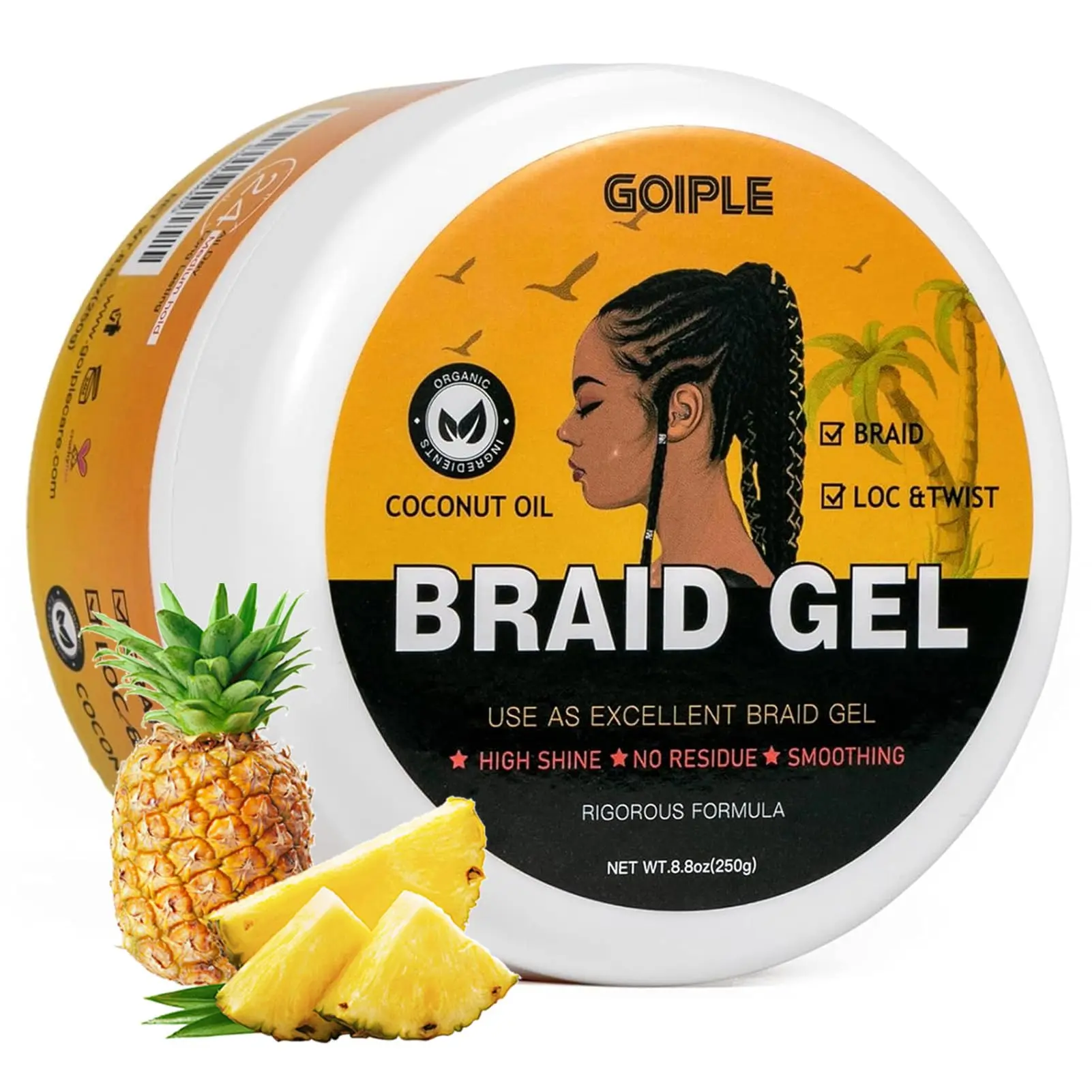 8.8OZ High Shine Braiding Gel - Strong Hold for Twists, Locs, Cornrows, Tames Frizz, No Flake, Organic Ingredients Coconut Smoothing
