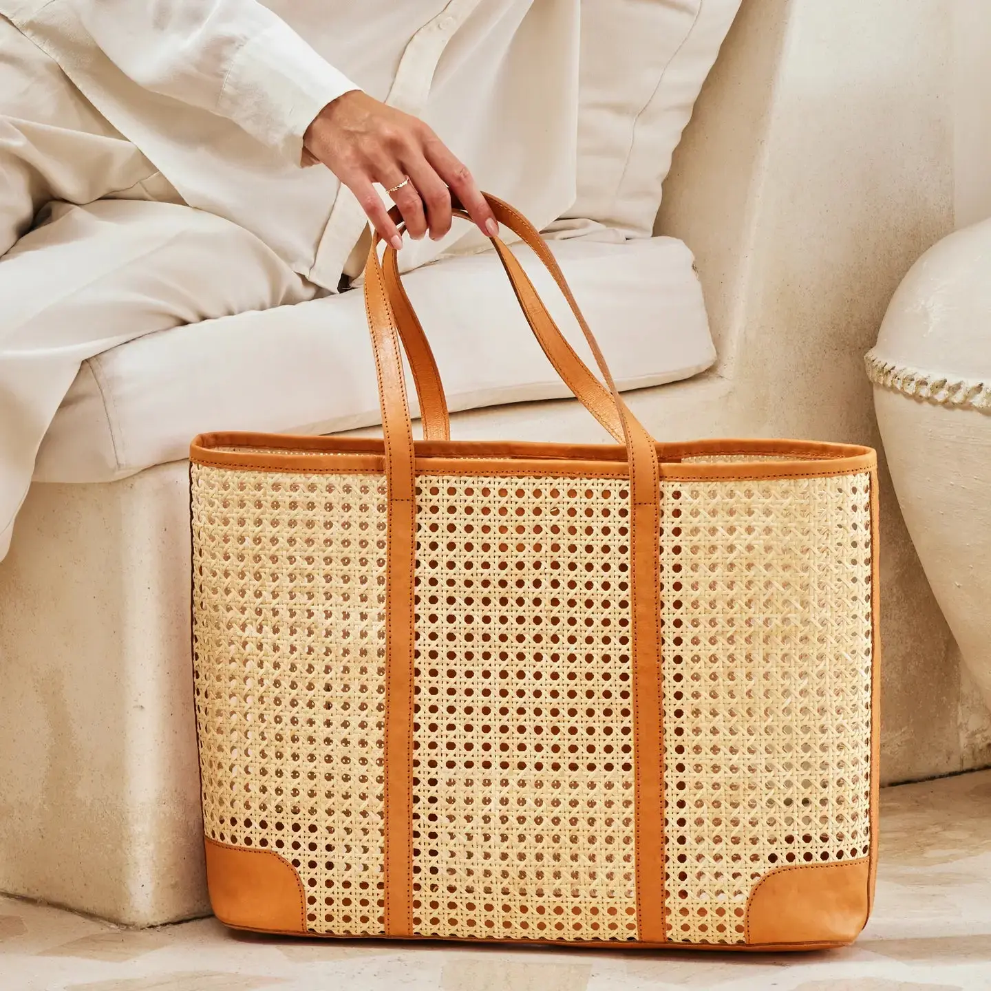Oversized Rattan Tote Brown Leather