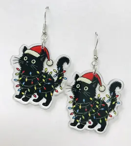 Black Cat with Christmas Lights earrings