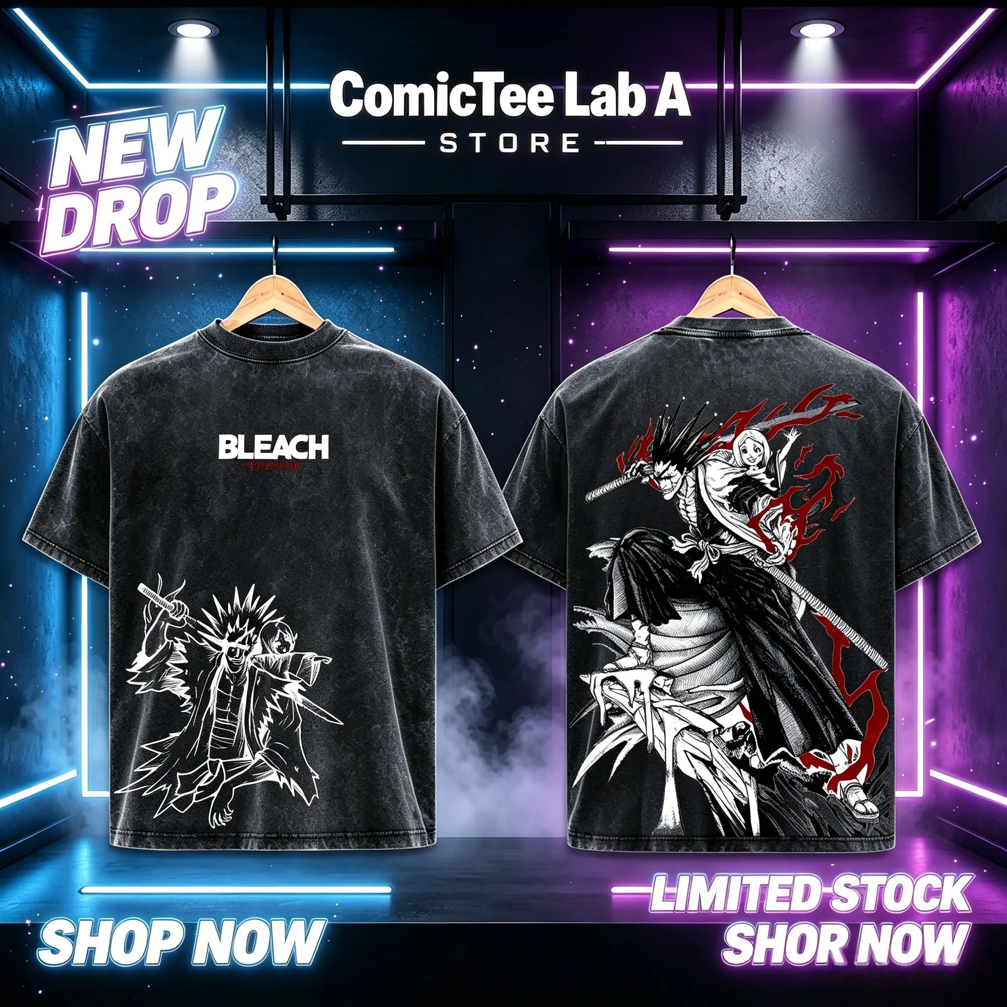 Kenpachi Zaraki Bleach Vintage Washed Oversized Anime T-Shirt, Heavyweight Cotton Streetwear Graphic Tee, Dark Manga Line Art Back Print, Unisex Loose Fit Japanese Anime Shirt, Classic Bleach Anime Streetwear Gift  Tropical Crewneck Tshirt Menswear Top