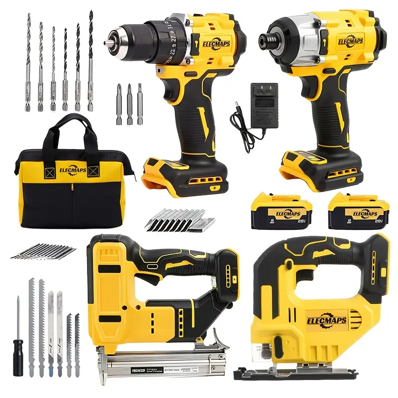 ELECMAPS  [20V Cordless Power Tools Compact Kit] | Electric Drill, Brushless Screwdriver, Jigsaw, Nail Gun, Equipped With 8.0AH Battery *2, Multiple Accessories, Suitable For Home Repair, DIY Projects, All-in-One Home Repair Kit, Father's Day Gift