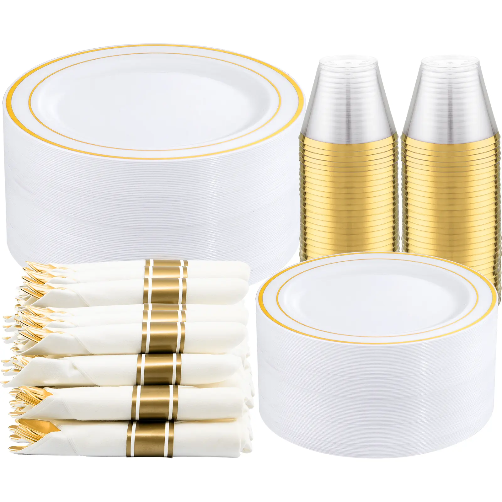 Wellife 350PCS Disposable Tableware Set for Party Supplies - 100 Disposable Dinner Plates, 50 Pre-Rolled Napkins, 50 Cups, and Silver Plastic Silverware