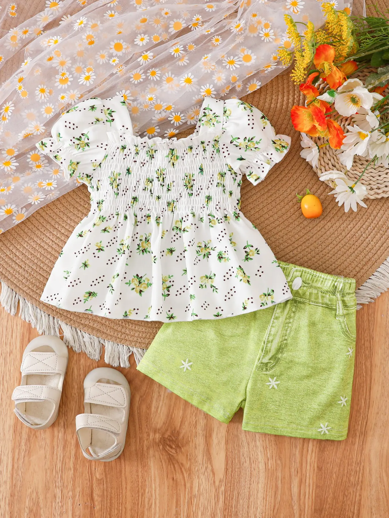 Two-Piece Girls' Casual Bubble Sleeve Short Sleeve T-Shirt and Denim Like Shorts Set, Cartoon Pattern, Summer for Daily Wear, Floral Print Set, Summer Clothing Set