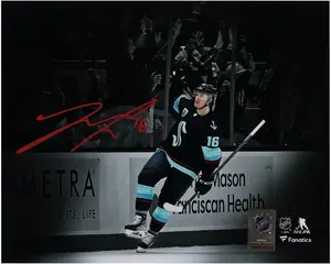 Jared McCann Seattle Kraken Autographed 8" x 10" Navy Jersey Spotlight Photograph - Fanatics Authentic Certified