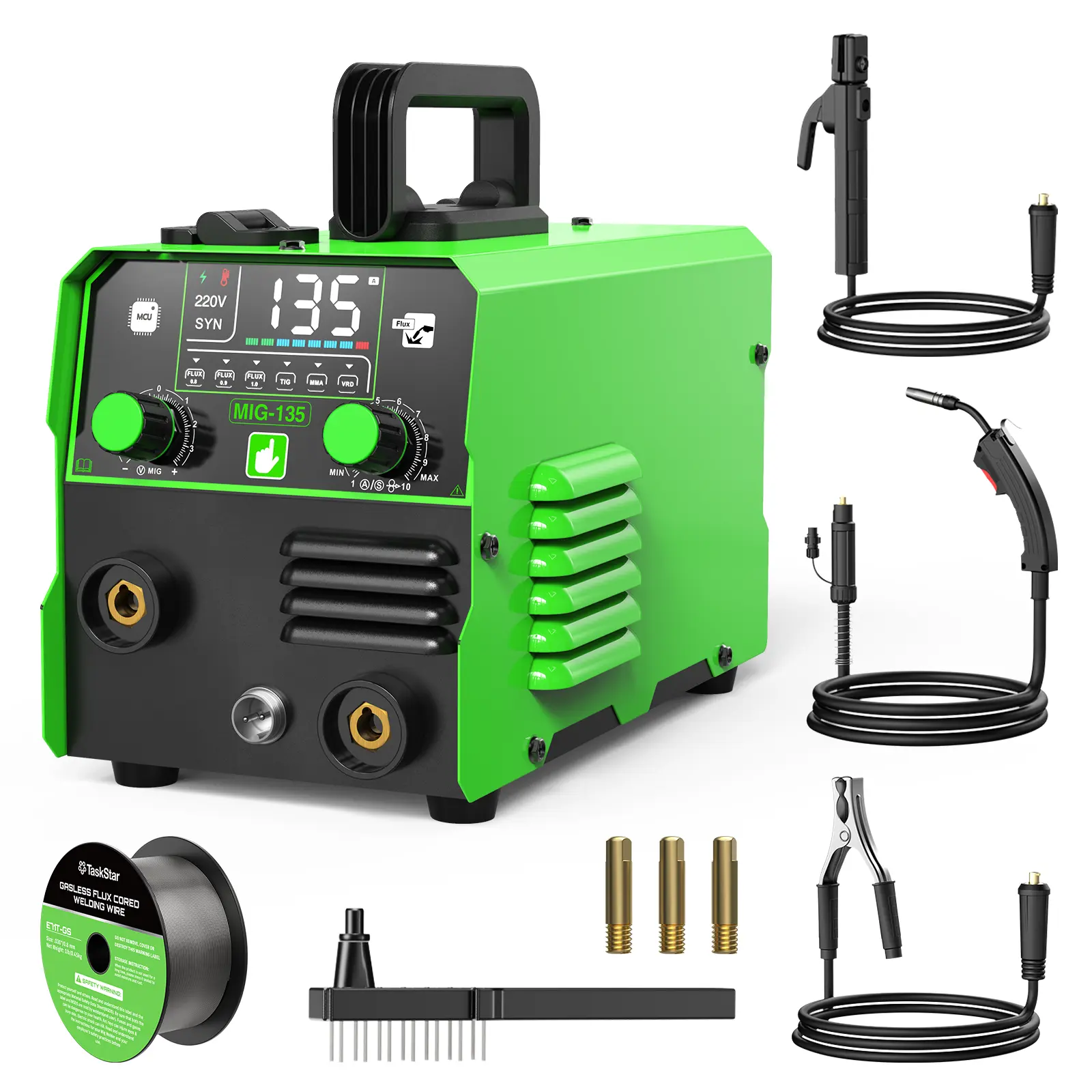 Taskstar 135A MIG Welder, 110V, Flux-Cored Wire, 3-In-1 (Gasless MIG/Lift TIG/Stick) With Coordinated Control And An LED Display, Suitable For Home DIY Projects, Auto Repair, And Industrial Welding; Beginner-Friendly