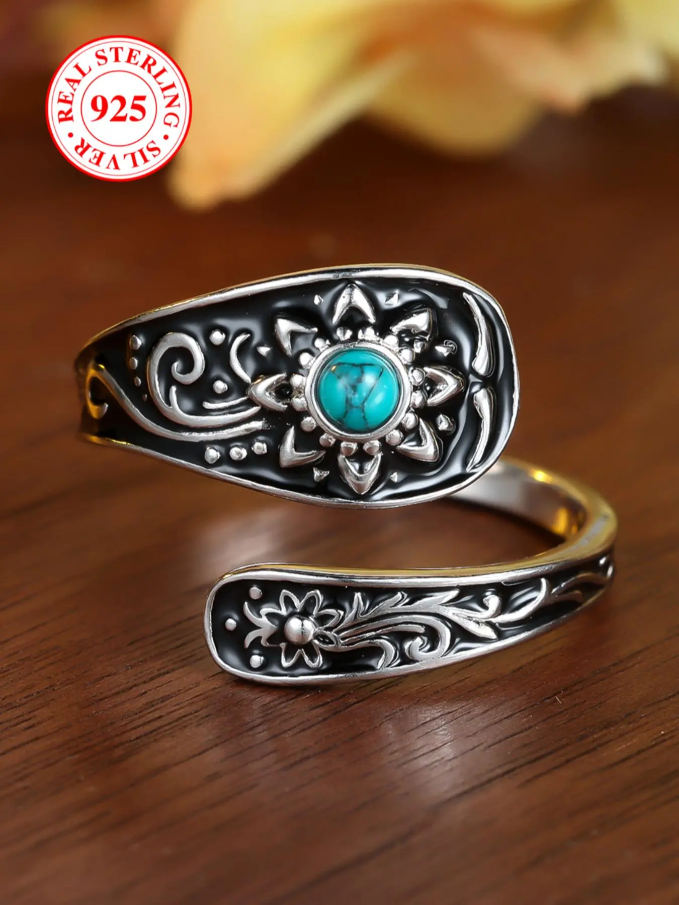 S925 Sterling Silver Vintage Turquoise Decorated Cuff Ring, Adjustable Open Ring, Fashion Jewelry Accessories Decoration for Women & Men