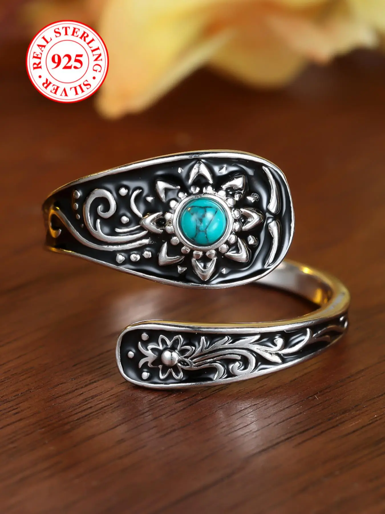 S925 Sterling Silver Vintage Turquoise Decorated Cuff Ring, Adjustable Open Ring, Fashion Jewelry Accessories for Women & Men
