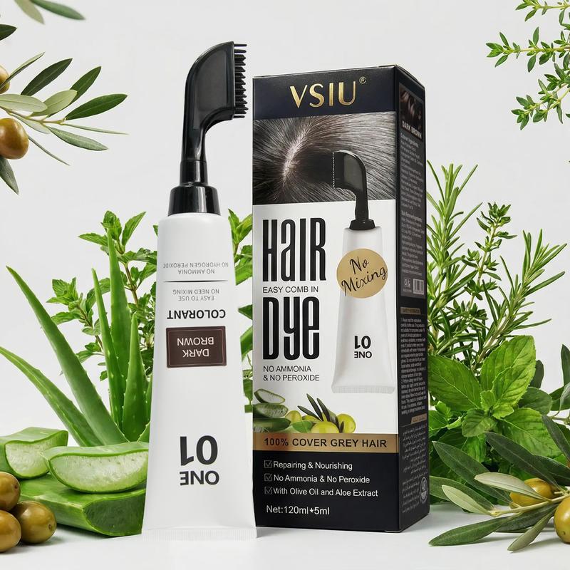 VSIU Hair Dye Brush Enriched with Olive Oil & Aloe Vera Ammonia-Free No Peroxide for Men Women Covers Gray Hair in Dark Brown Black Long Lasting Color with Floral Scent Includes Stain Remover