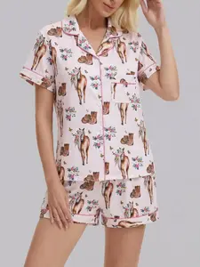 Women's Western Cowboy Animal Horse Print Pajama Set, Collared Button Short Sleeve Top & Loose Comfortable Shorts, Vintage Floral Style Sleepwear Loungewear Pjs Pyjamas Womenswear