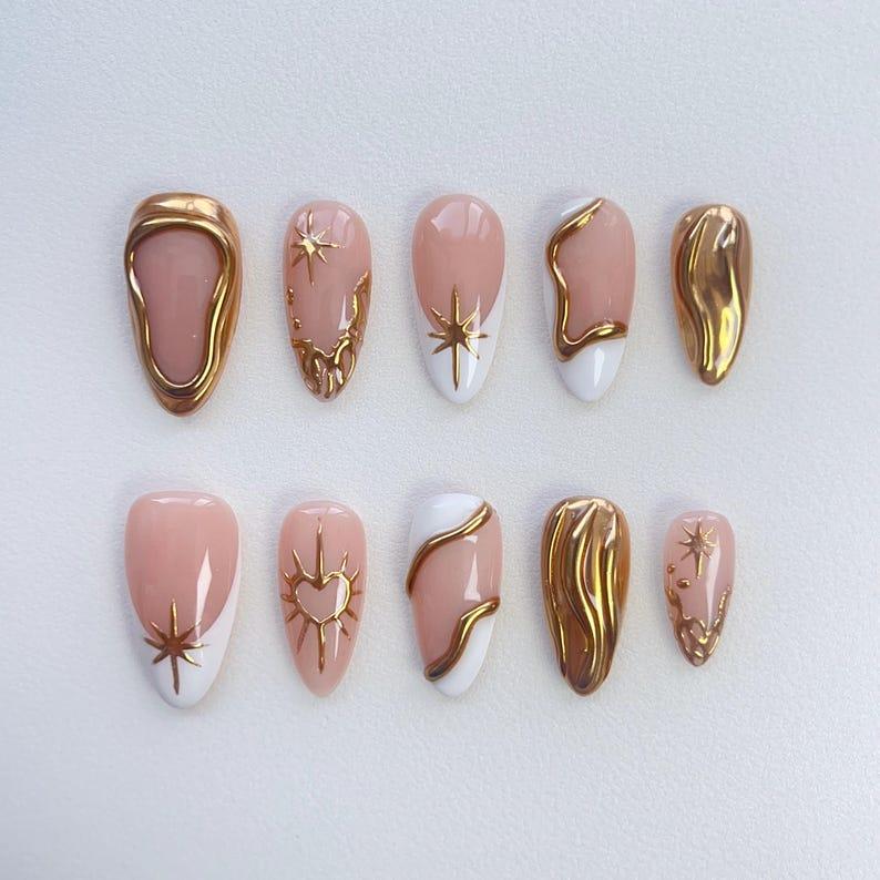 Yunara Nails - 3D Gold Chrome Nails - White French Press On Nails Long Almond Nails - French Nails - Gold Nails - Wedding Nails - Sun star nails - Metallic gold nail
