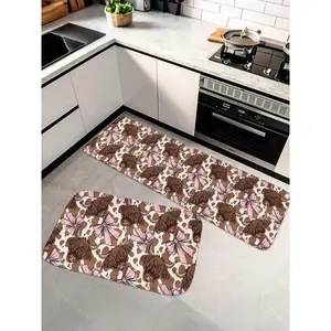 1/2/3pc Highland Cow Pink Bow Cow Print  Flannel Mat, Non-Slip Flannel Kitchen Mat, Soft Plush Flannel Doormat, Anti-Slip Washable Flannel Bath Mat