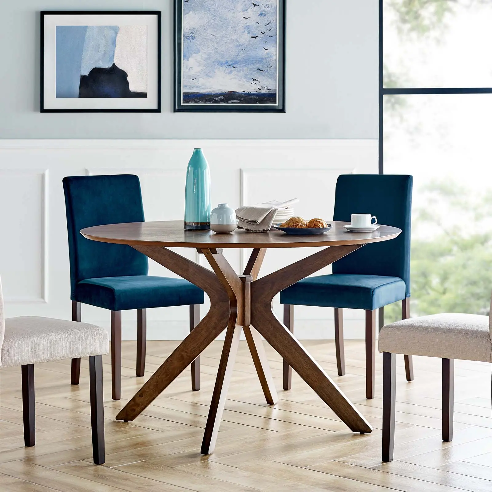 Modway Crossroads 47-Inch Round Walnut Wood Pedestal Dining Table - Aesthetic, Minimal, Crisscross Modern Indoor Furniture for Dining Room Interior