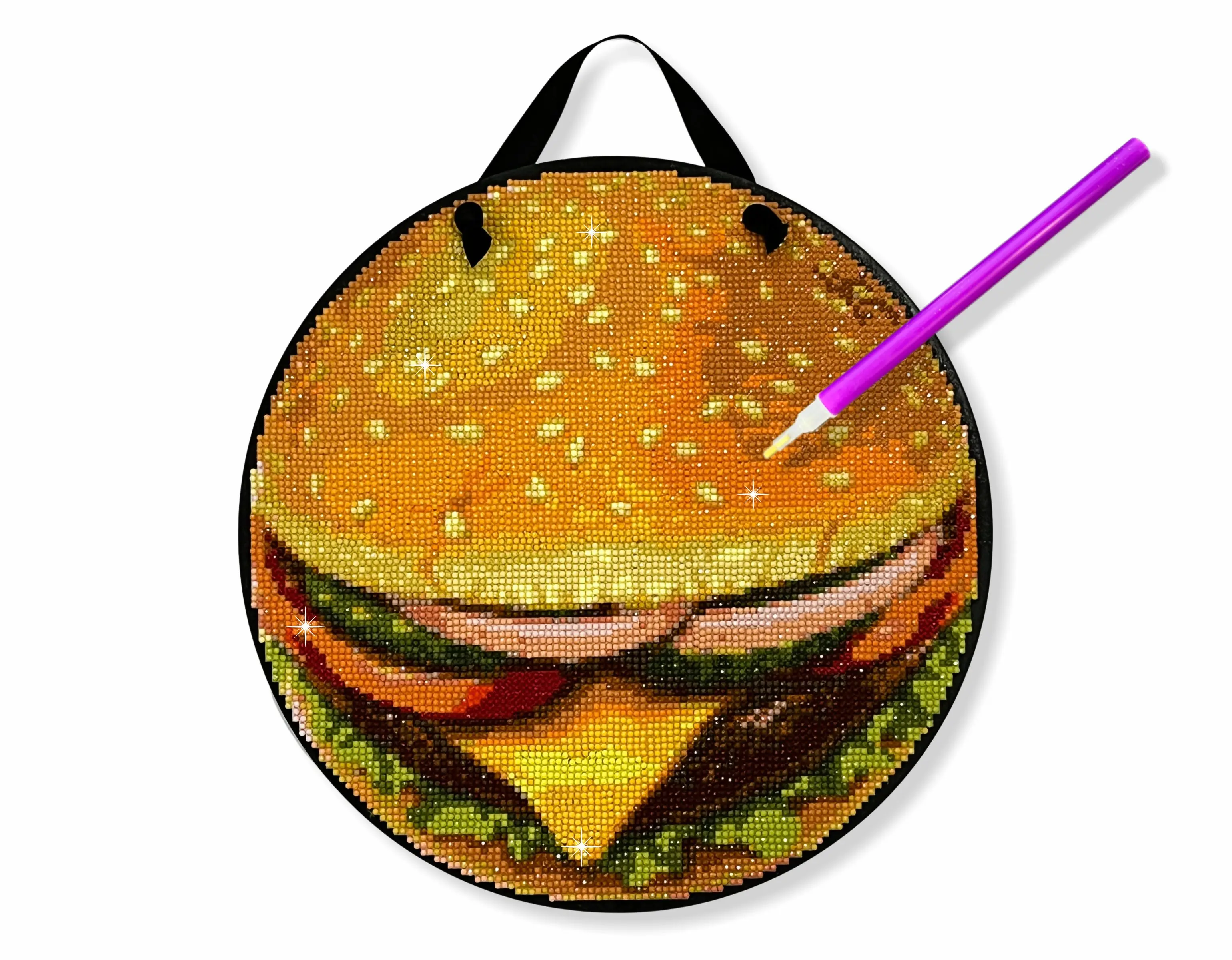 Cheeseburger Diamond Painting Kit, ROUND Drills, 12.5" Hanging Sign