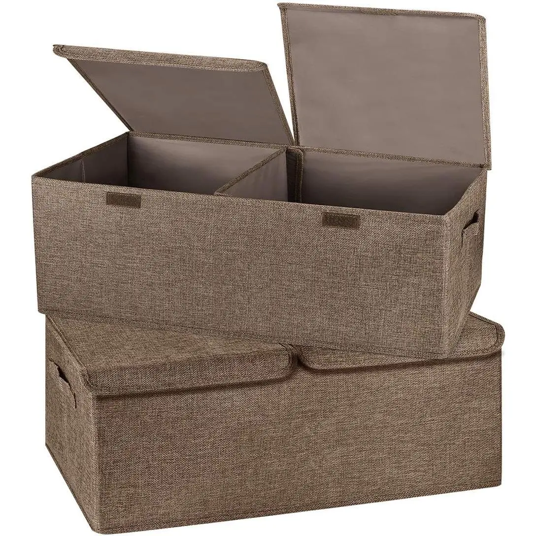 2-Pack Linen Storage Boxes with Lids, Handles & Removable Compartments, Collapsible Cotton Storage Containers for Home Bedroom Closet (Coffee, Small) – Ideal for Book & Toilet Organization, Modern