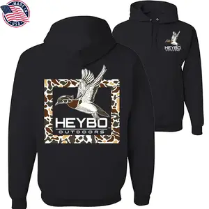 Heybo Outdoors Flying Duck Hoodie, Hunting Camo Back Graphic, Two Sided Waterfowl Hunting Pullover, Bold Outdoorsman Fleece Gift, Unisex Fashion, Full Color, Full Size, For Men And Women