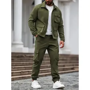 Men'stwo-pieceworkwearstyleset,lapellongsleevedjacket,largepocketbuttonupshirt,pairedwithmultipocketworkwearpants,casual,trendy,lightweightandcomfortableshirtpantsset,militarygreen,black,lightgray