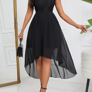 RuffleDippedHemDress-ElegantContrastLaceSleevelessPartyDress-ForWomen-PerfectforWeddings&Parties-IdealGiftforHer