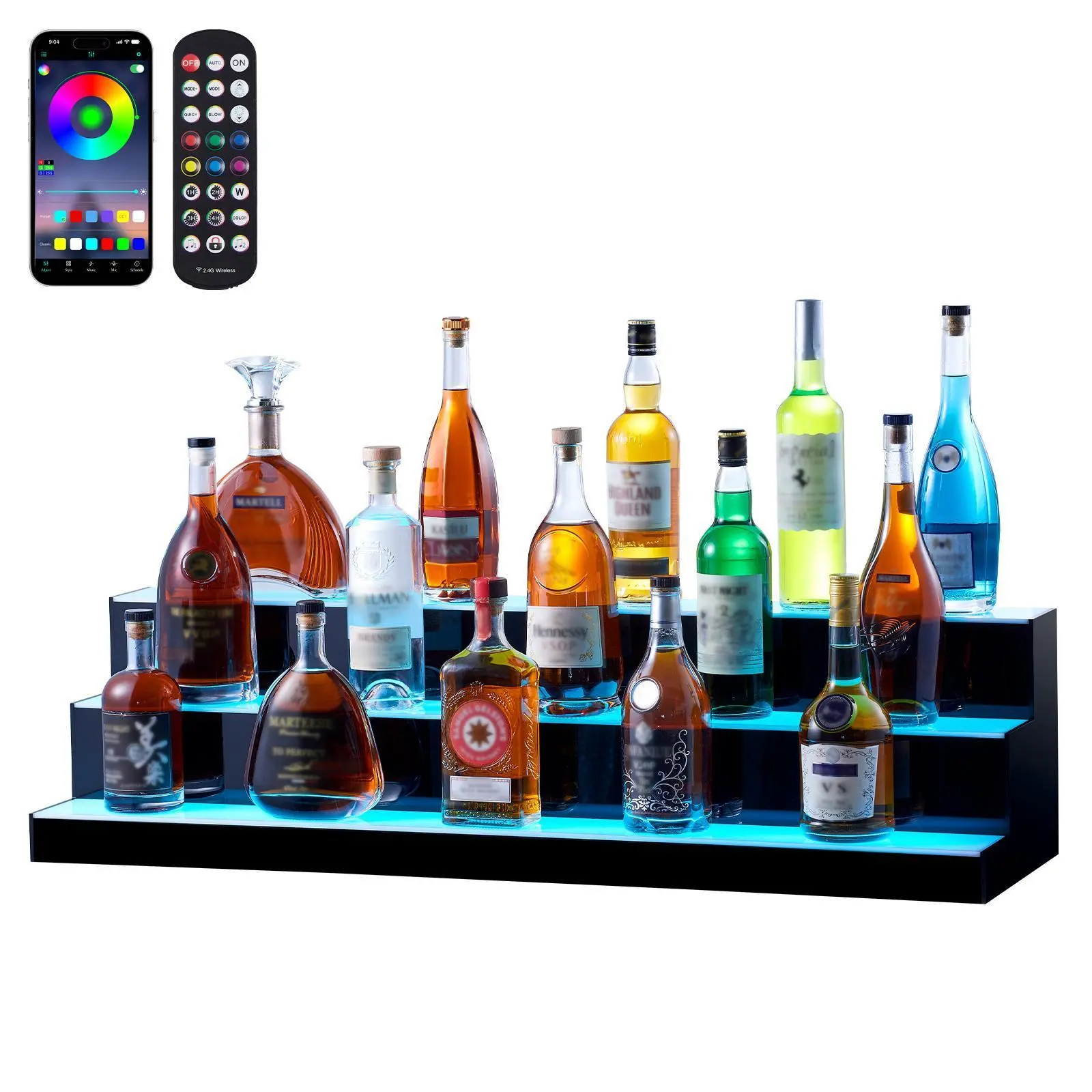 VEVOR 3-Tier 40in LED Lighted Liquor Bottle Display Rack, Commercial Indoor-Outdoor Bar Shelf with RF Remote & App Control Multicolor Lighting, 110-240v Power Adapter, Easy to Clean for Home, Commercial Areas, Party