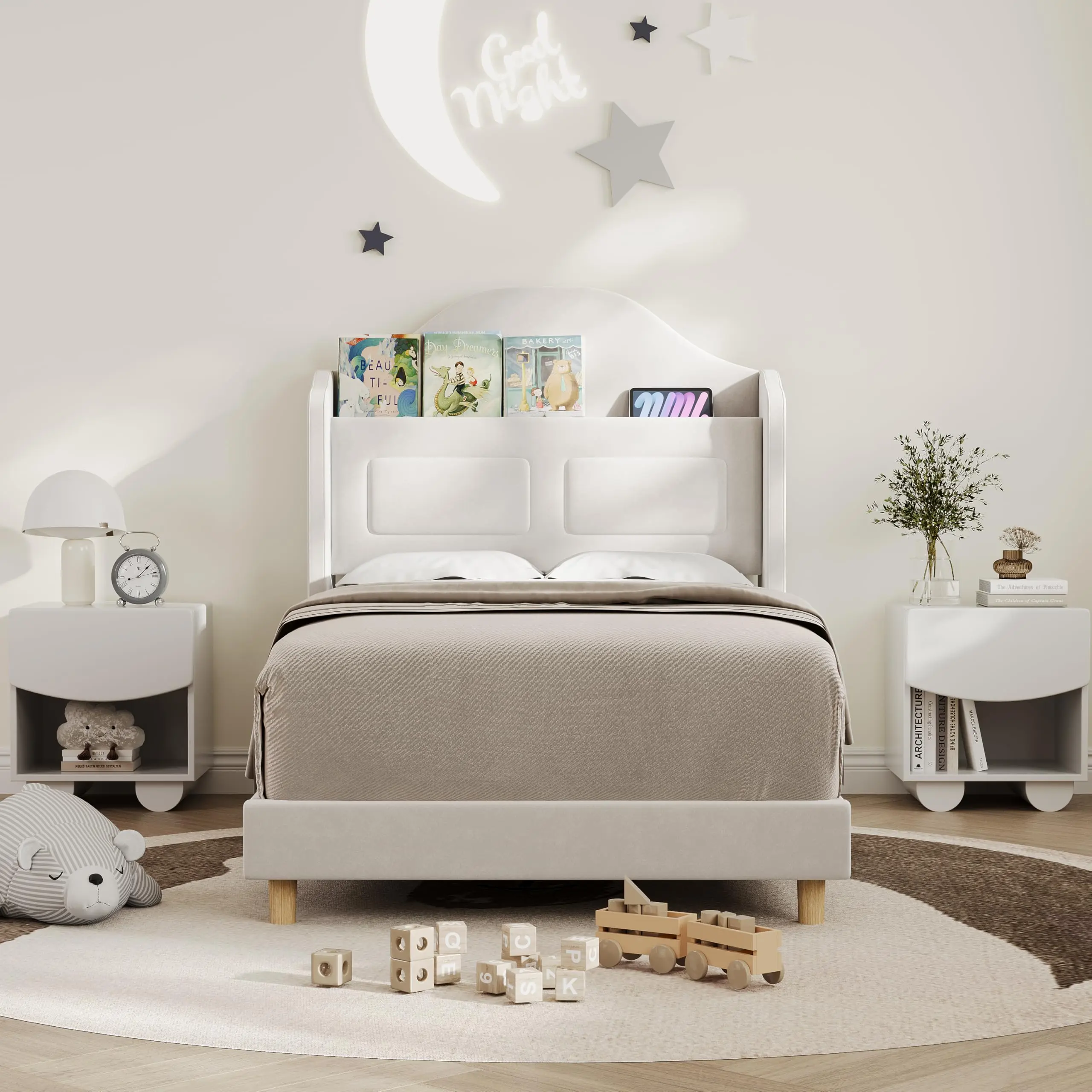 Garvee Twin Wingback Velvet Platform Bed with LED Lights, Upholstered Storage Headboard, Wooden Slats Support, No Box Spring Needed, Beige - Stylish and Functional Bedroom Furniture