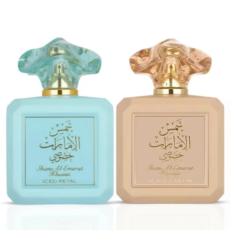 Shams Al Emarat Khususi duo bundle | Glaze & Glow & Iced Petal Eau de Parfum Spray 100ml (3.4 oz) by Ard Al Zaafaran – Sweet Vanilla Women’s Perfume Bundle